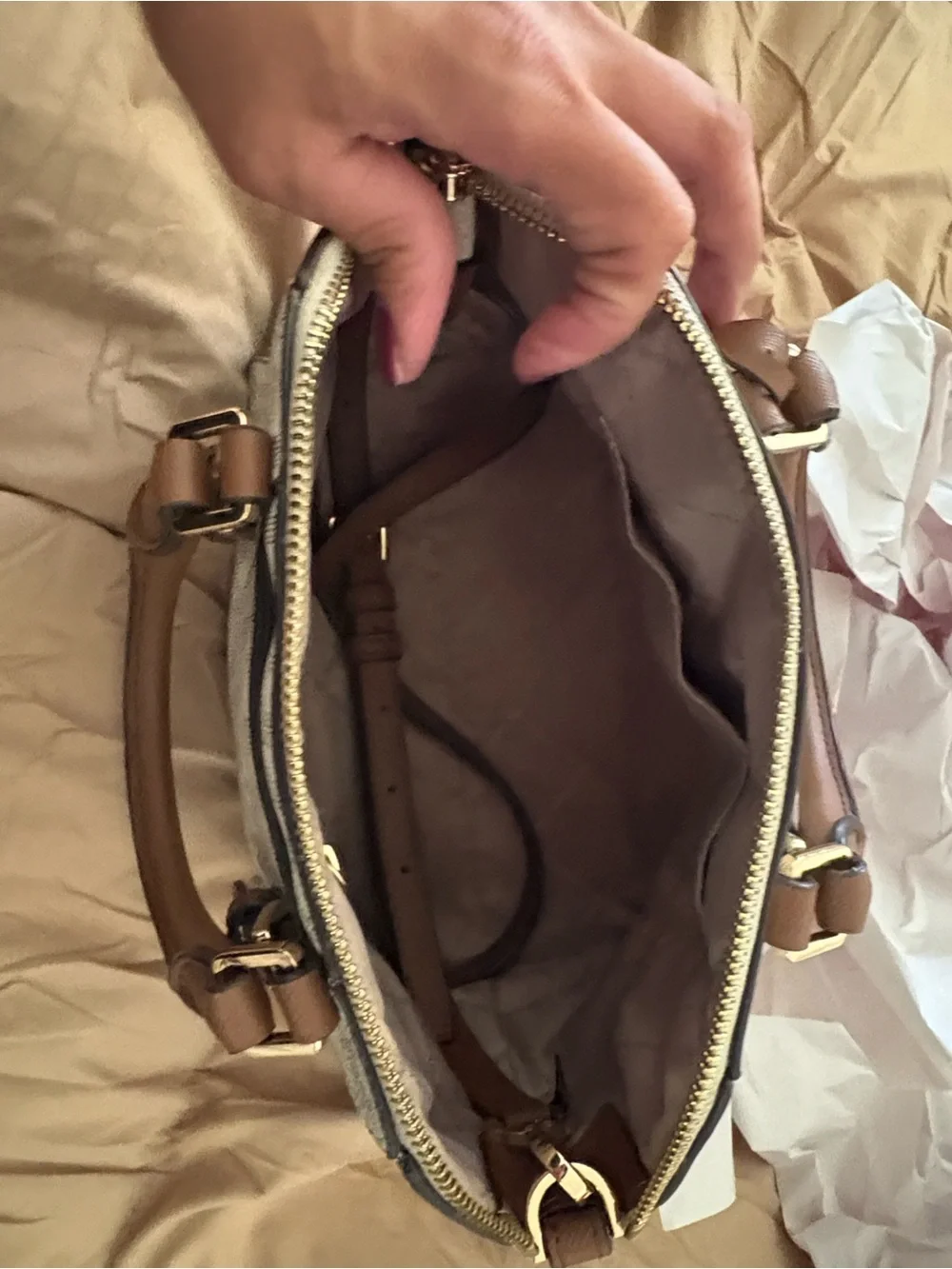 Michael Kors Vanilla & Brown Logo Satchel with Gold Hardware